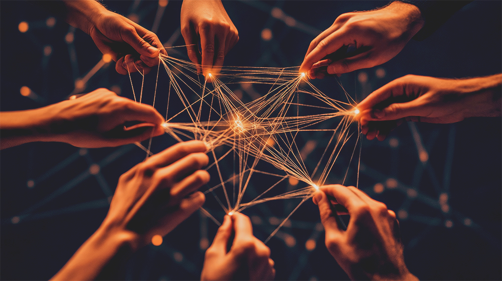 multiple hands holding a web of glowing threads that are woven together